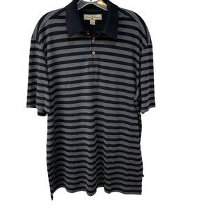 Tommy Bahama Polo Shirt Men’s Size Large Silk Blend Stripes Black and Gray